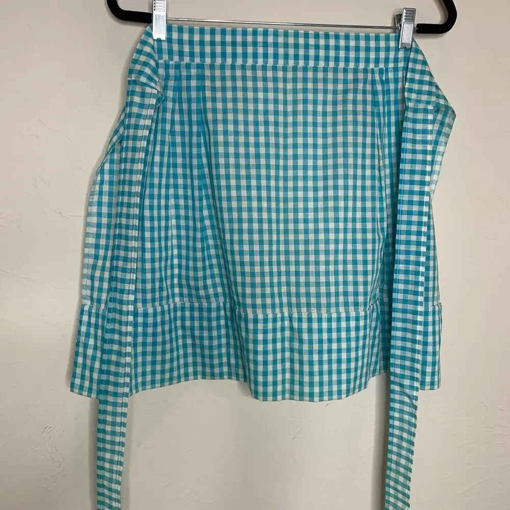 Vintage Turquoise Gingham Half Apron Hand Embroidered OSFM